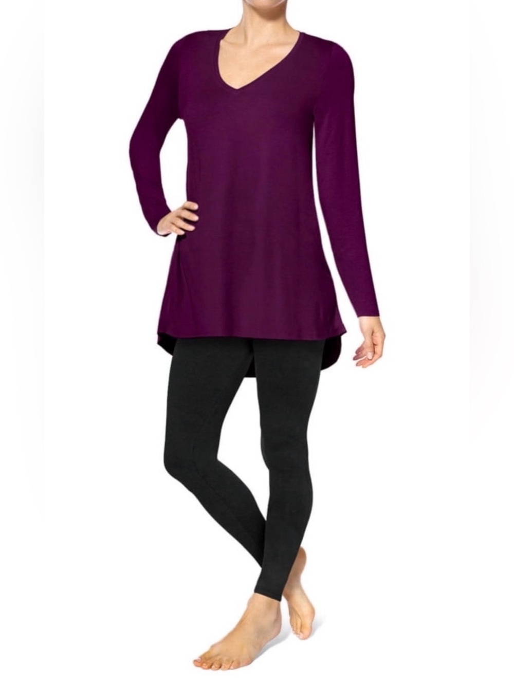 HUE V-Neck Long Sleeve High-Low Tunic Tee